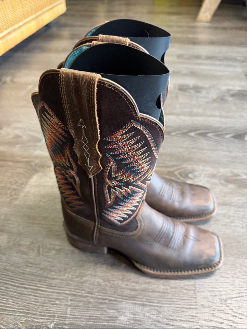 Ariat Brown Leather Western Heeled Boots with Multicolor Stitching